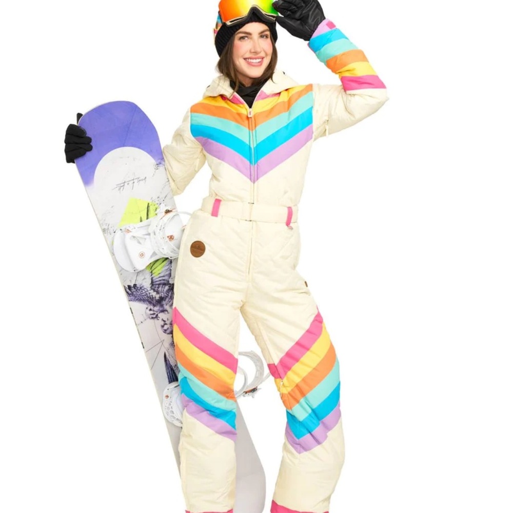 Tipsy elves Retro Rainbow Ski Suit Onesie M ivory white